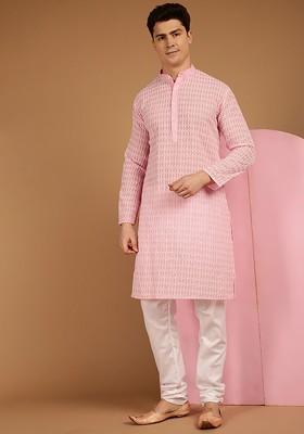 Pink Embroidered Cotton Kurta For Men
