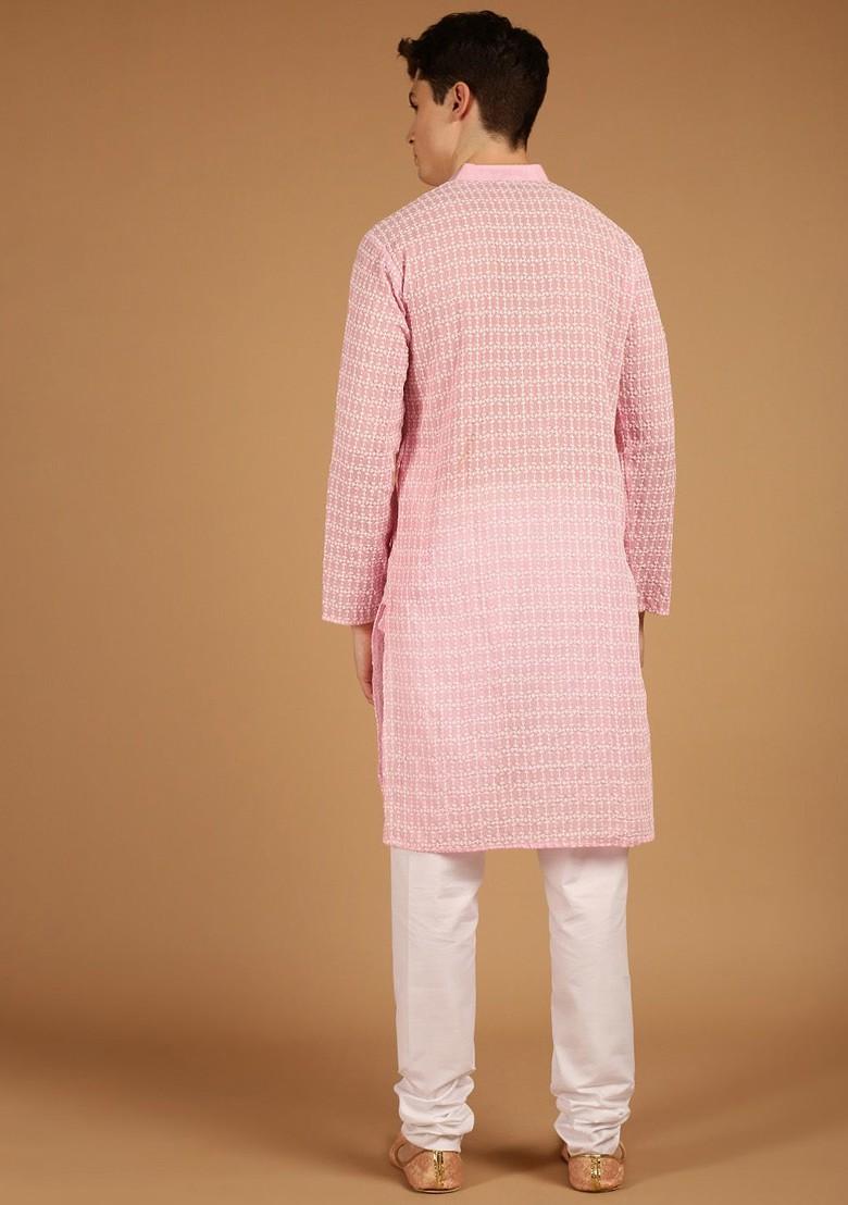 Pink Embroidered Cotton Kurta For Men