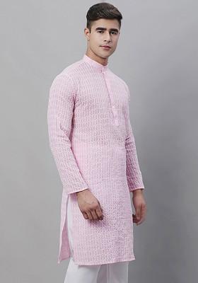 Pink Embroidered Poly Blend Kurta For Men