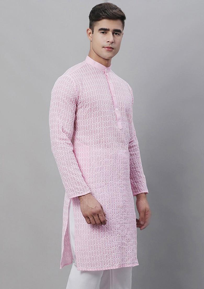 Pink Embroidered Poly Blend Kurta For Men
