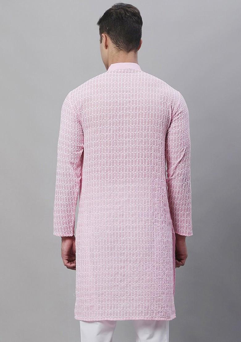Pink Embroidered Poly Blend Kurta For Men