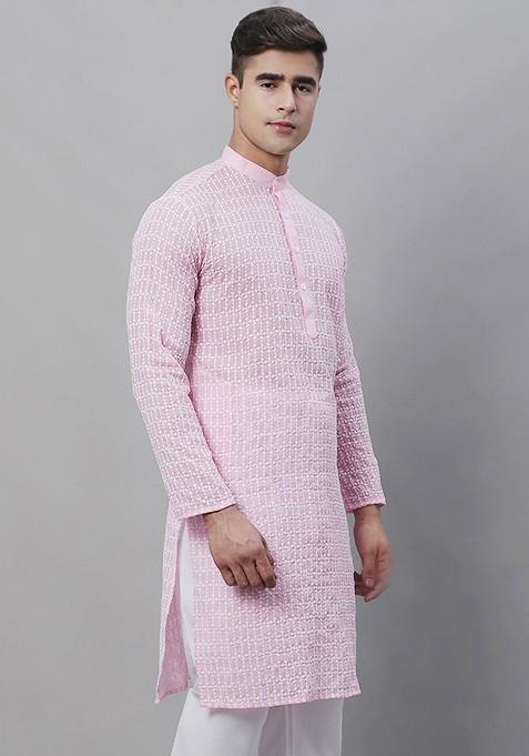 Pink Embroidered Poly Blend Kurta For Men