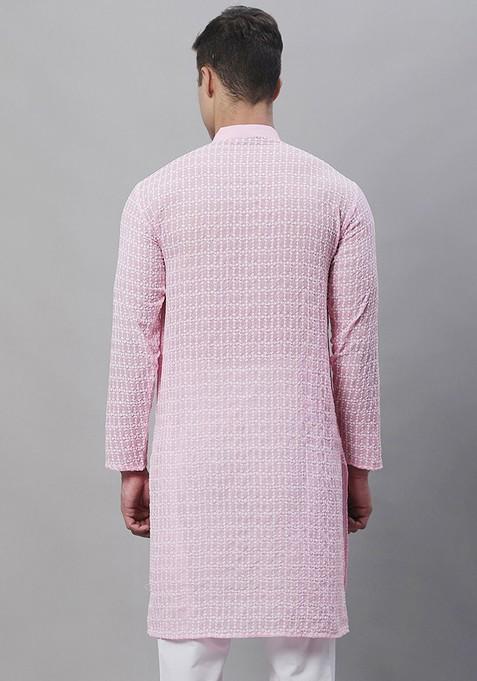 Pink Embroidered Poly Blend Kurta For Men