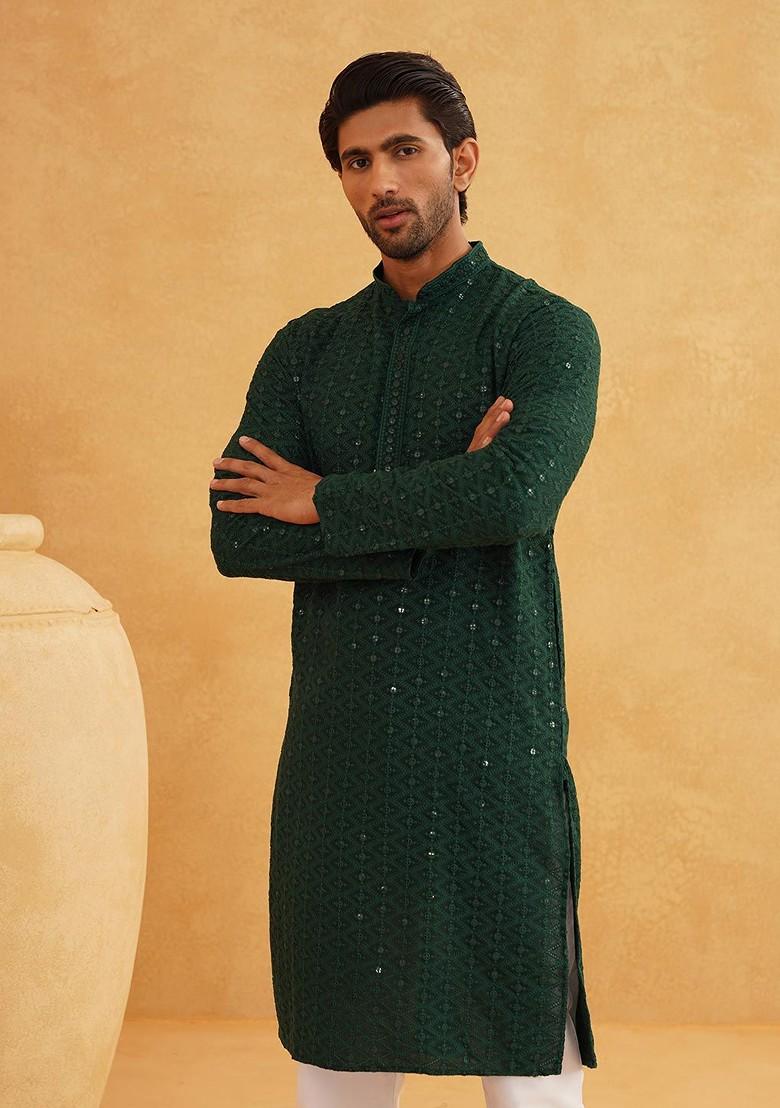 Green Embroidered Cotton Kurta For Men