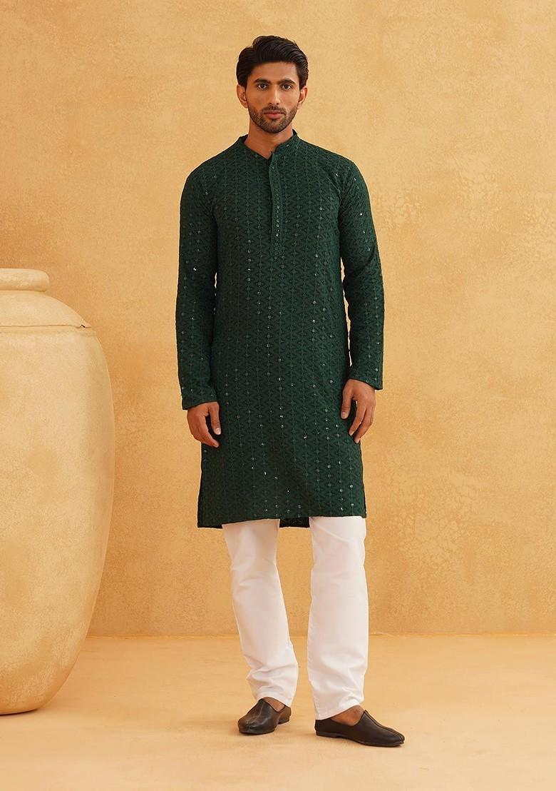 Green Embroidered Cotton Kurta For Men