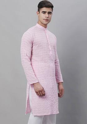 Pink Thread Work Cotton Kurta For Men