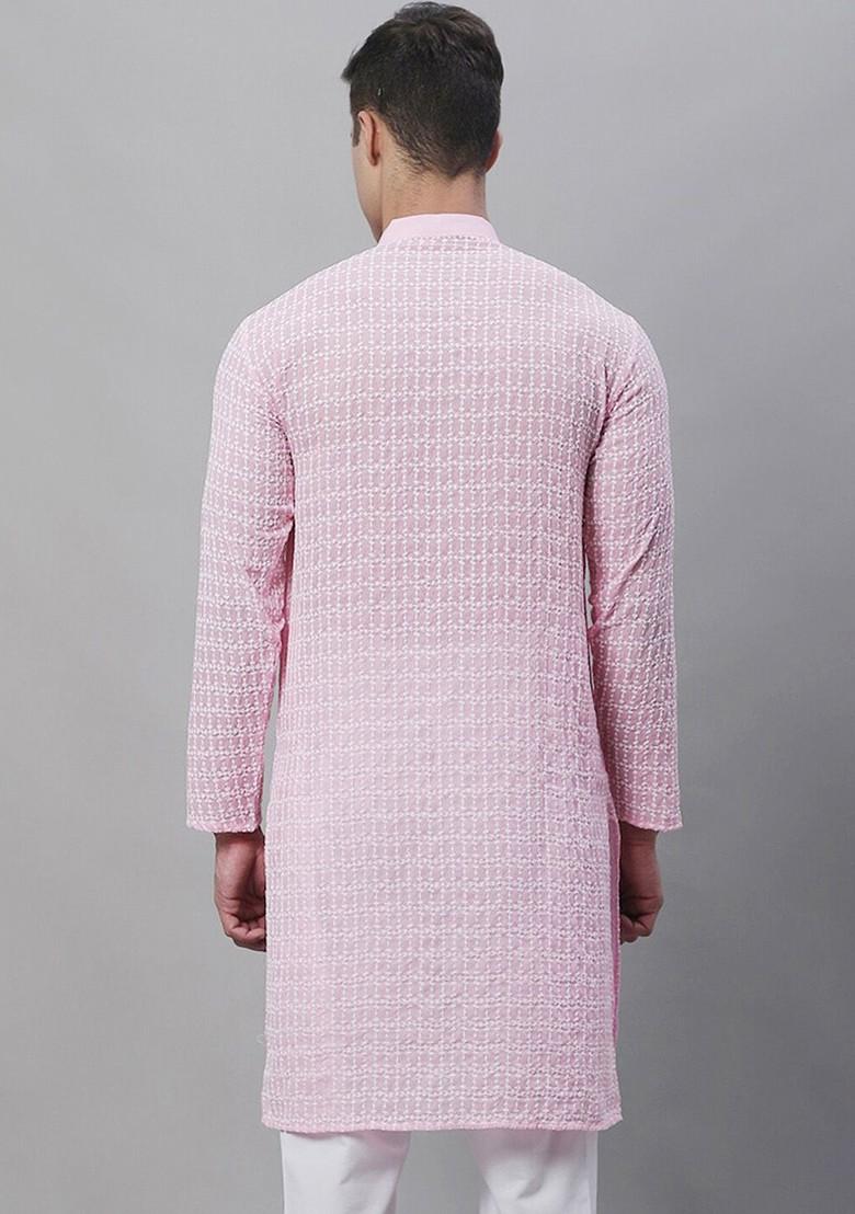 Pink Thread Work Cotton Kurta For Men