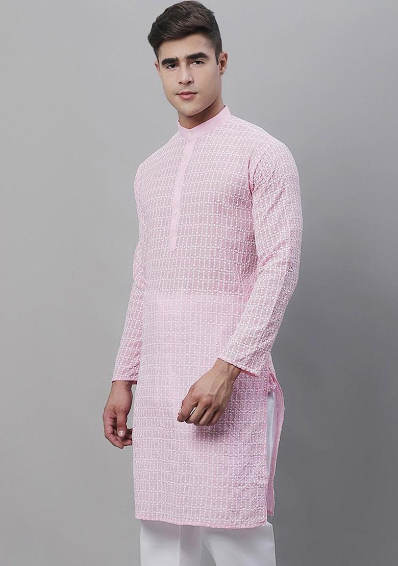 Pink Thread Work Cotton Kurta For Men