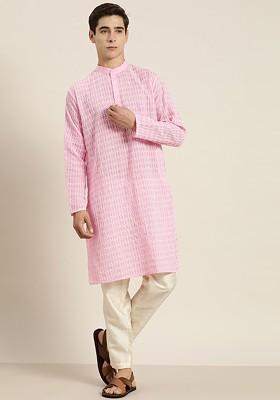 Pink Thread Work Poly Blend Kurta For Men