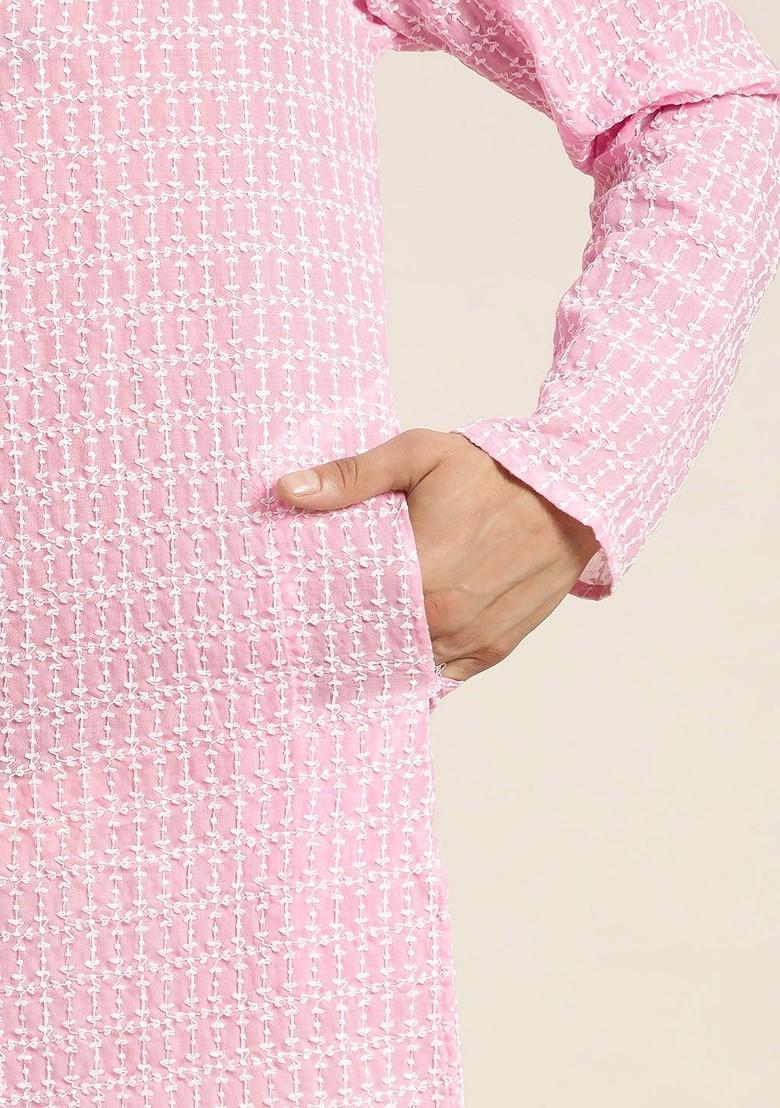 Pink Thread Work Poly Blend Kurta For Men