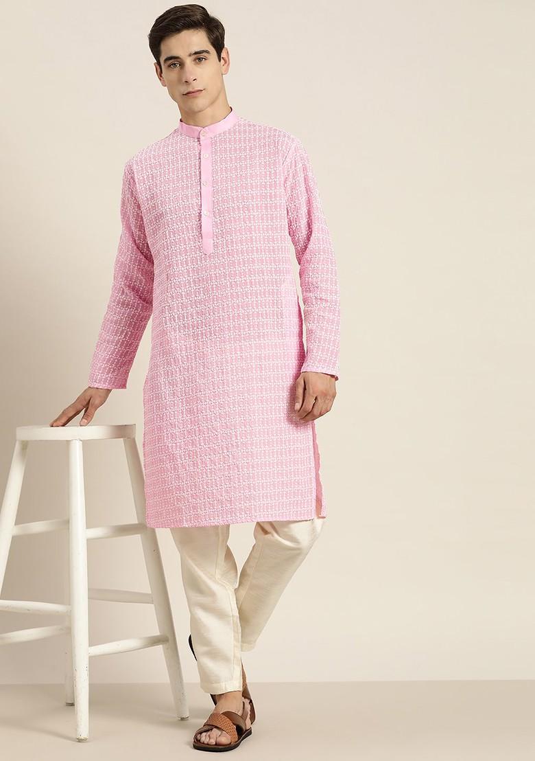 Pink Thread Work Poly Blend Kurta For Men