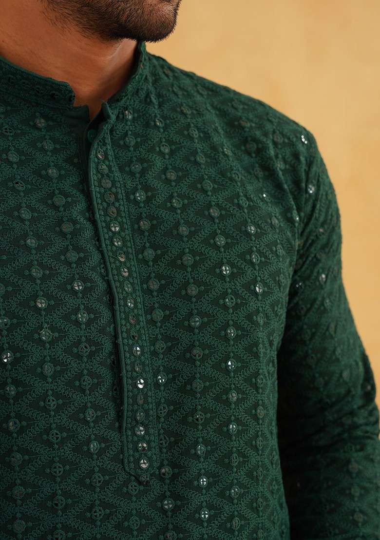 Green Embroidered Poly Blend Kurta For Men - Indya