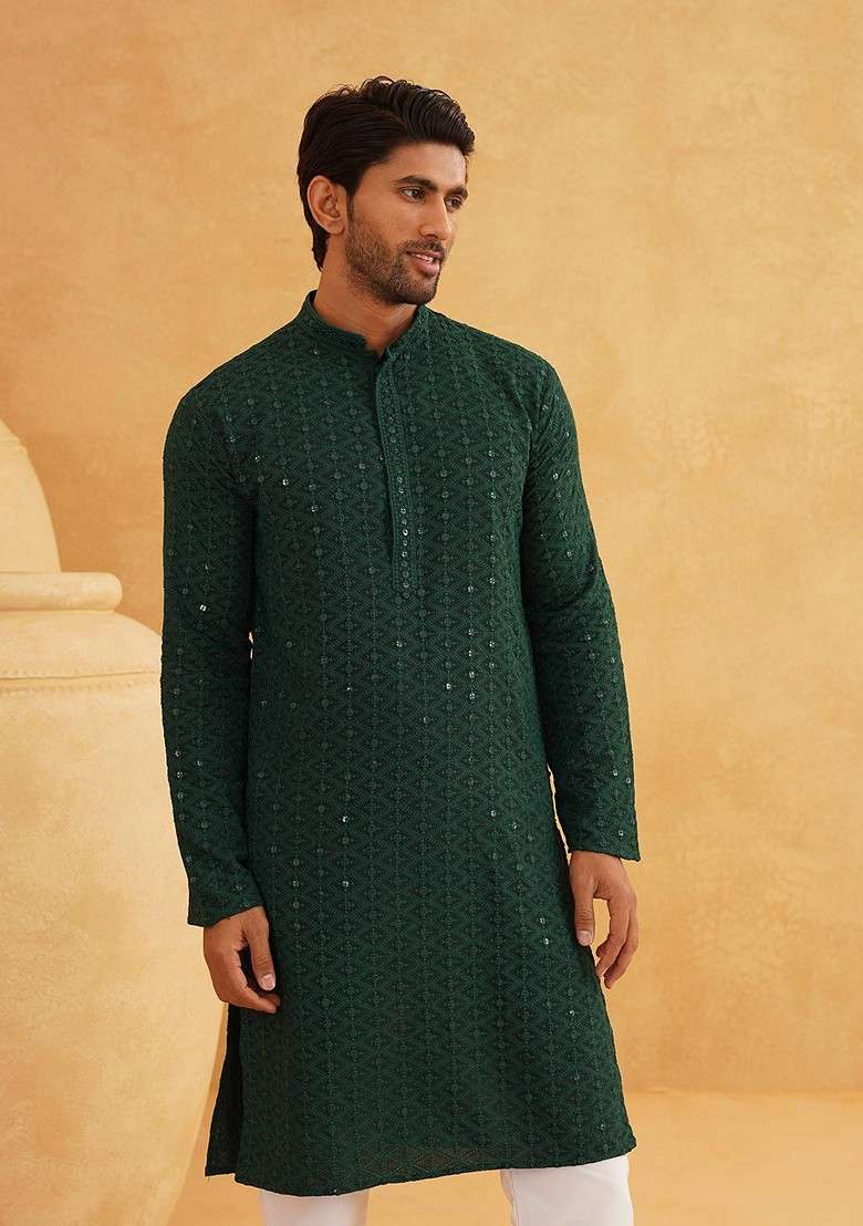 Green Embroidered Poly Blend Kurta For Men - Indya