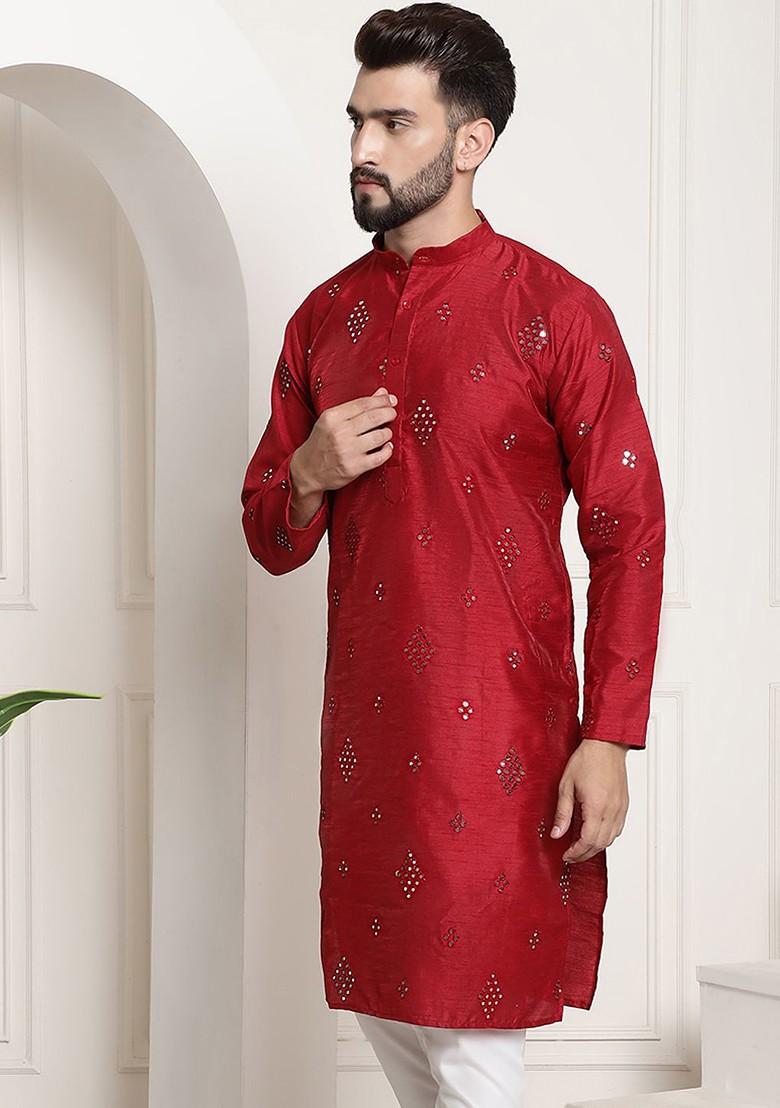 Maroon Mirror Work Cotton Kurta For Men