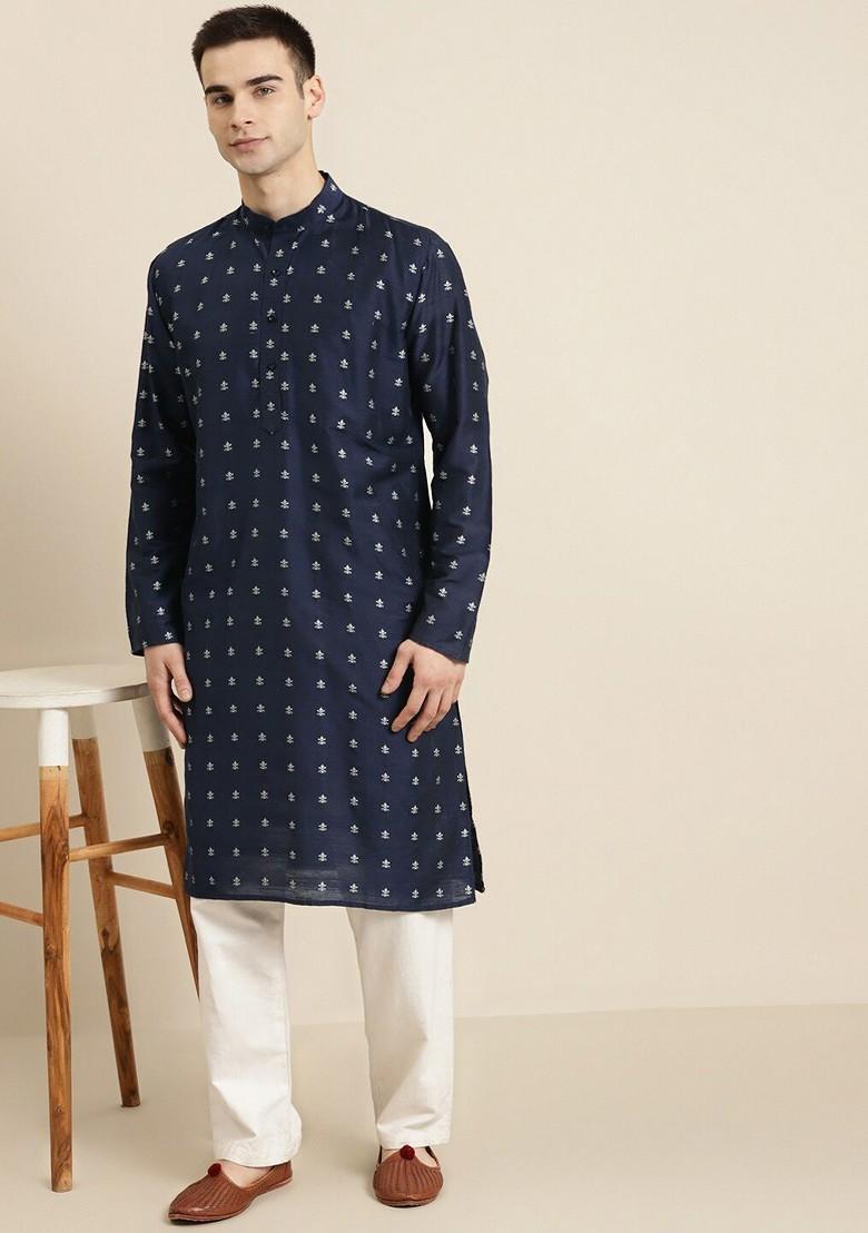 Navy Blue Ethnic Motifs Poly Blend Kurta For Men