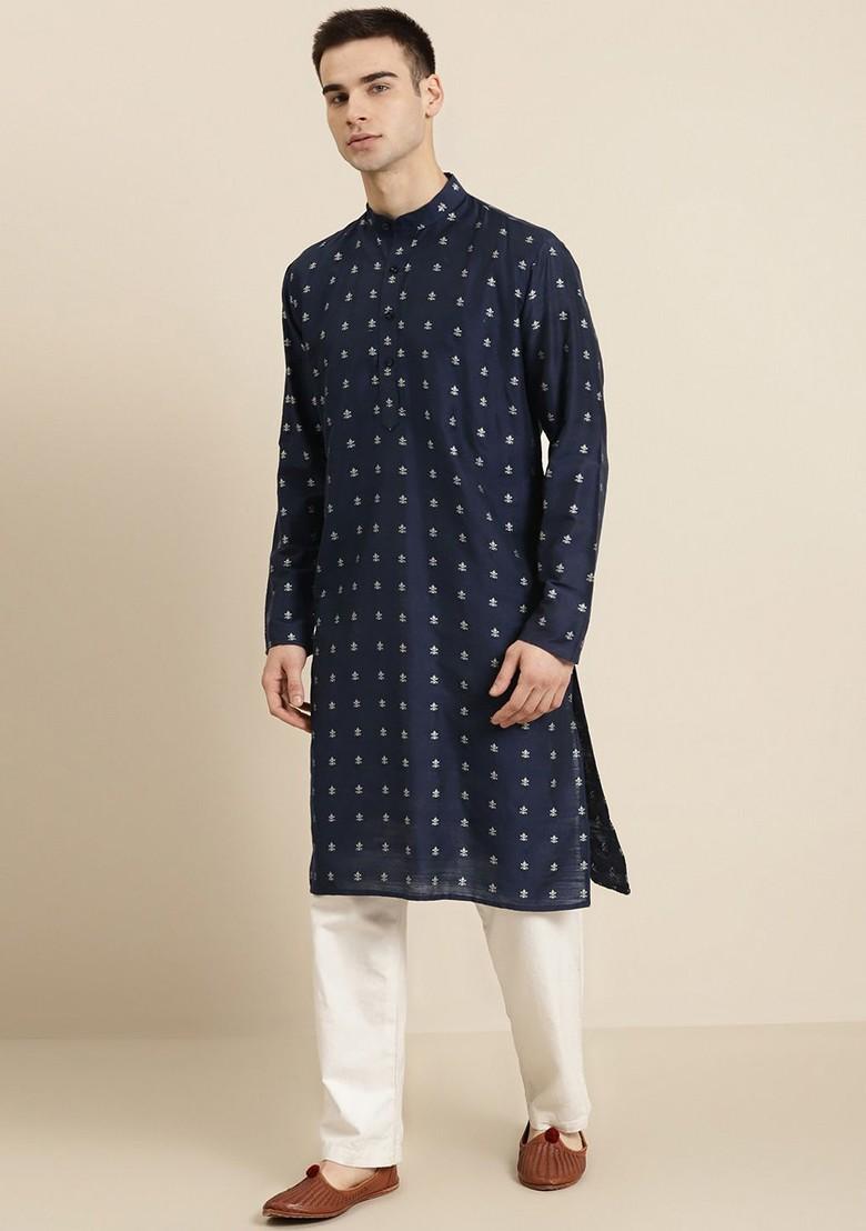 Navy Blue Ethnic Motifs Poly Blend Kurta For Men