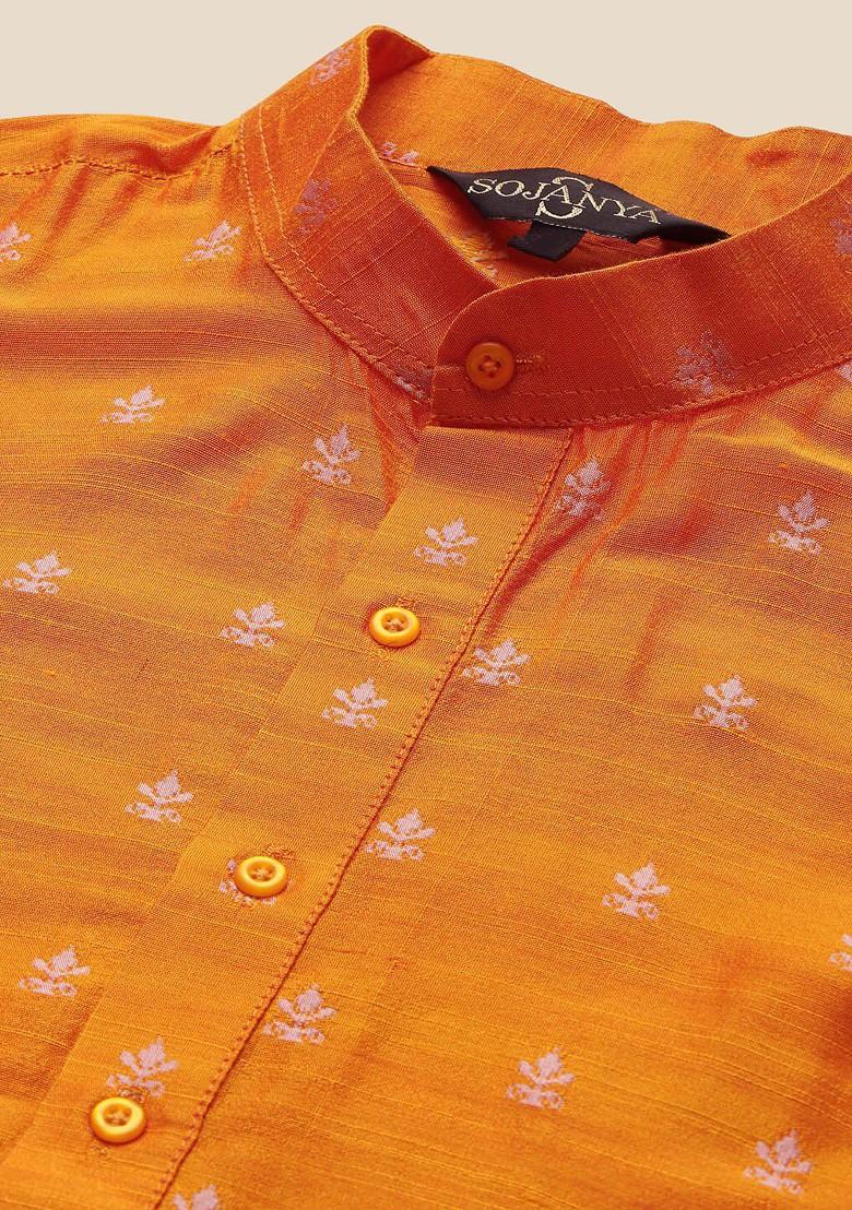 Orange Ethnic Motifs Poly Blend Kurta For Men