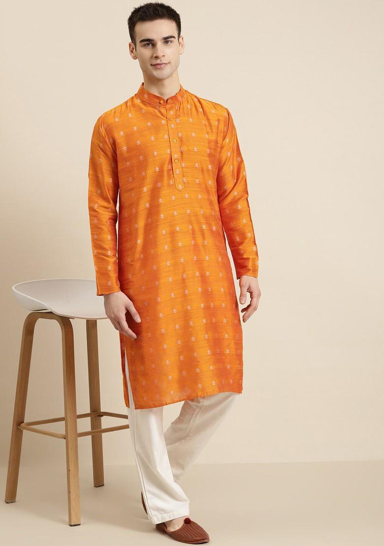 Orange Ethnic Motifs Poly Blend Kurta For Men