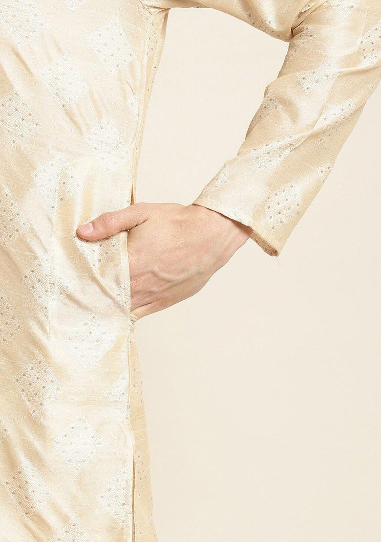 Cream Thread Work Poly Blend Kurta For Men