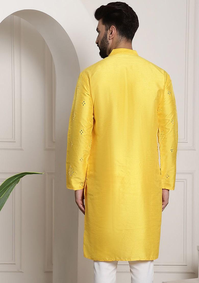 Yellow Mirror Work Cotton Kurta For Men