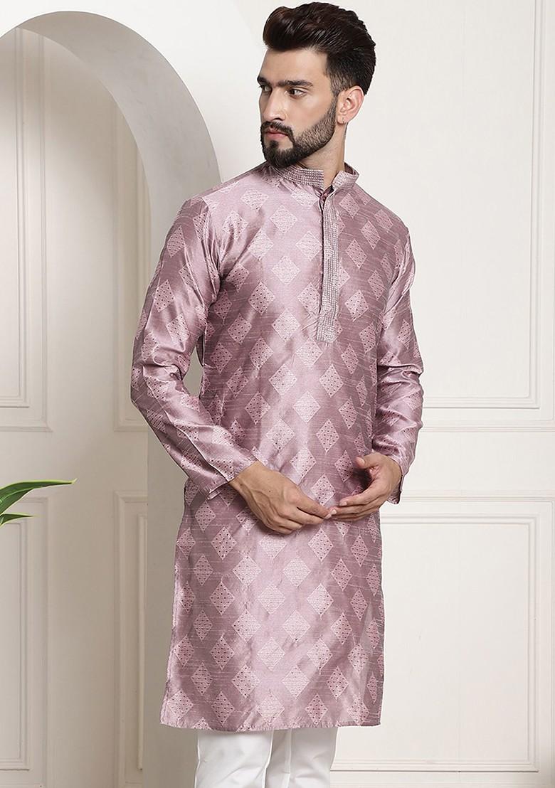 Purple Thread Work Cotton Kurta For Men