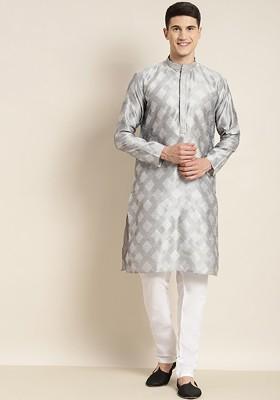 Grey Thread Work Cotton Kurta For Men