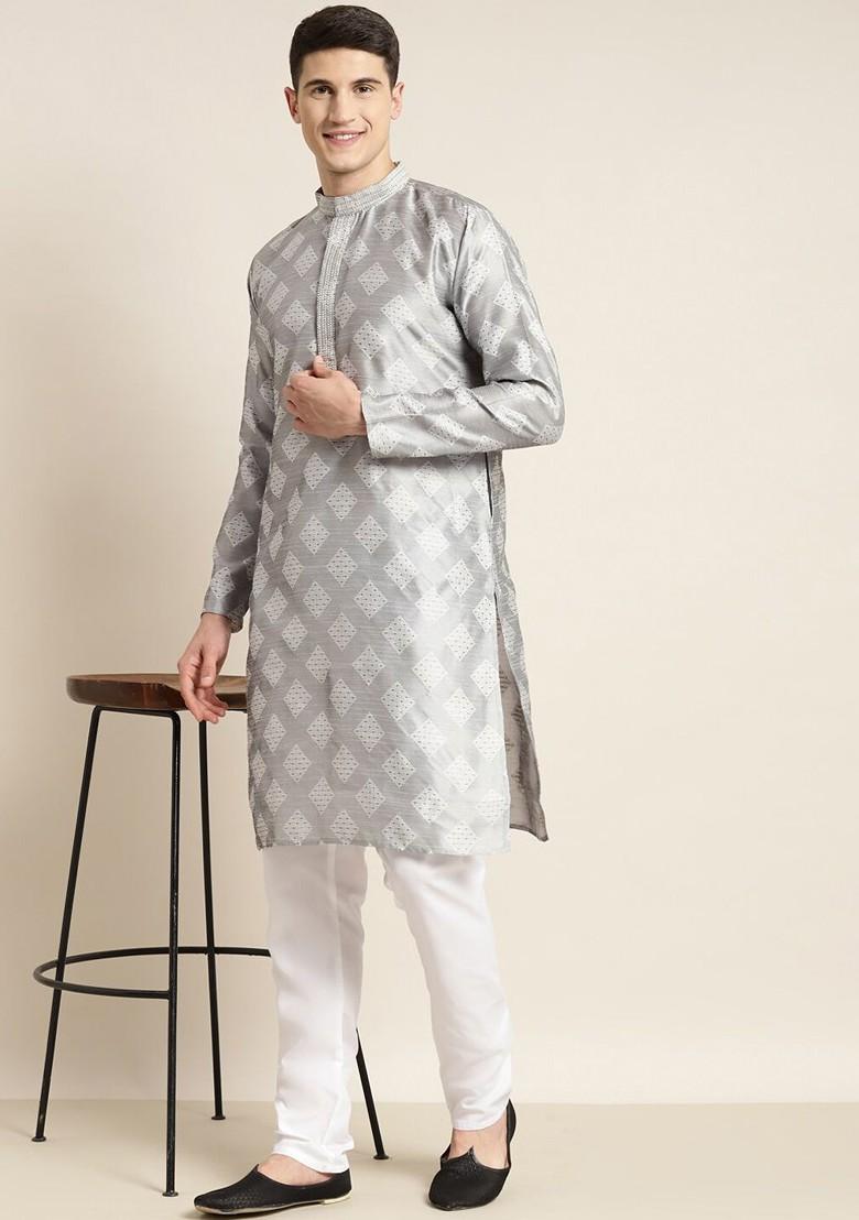 Grey Thread Work Cotton Kurta For Men