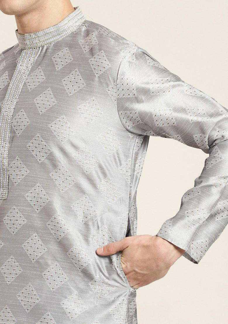 Grey Thread Work Cotton Kurta For Men
