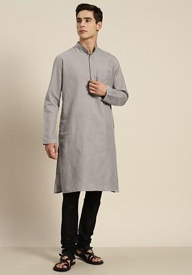 Grey Solid Cotton Kurta For Men