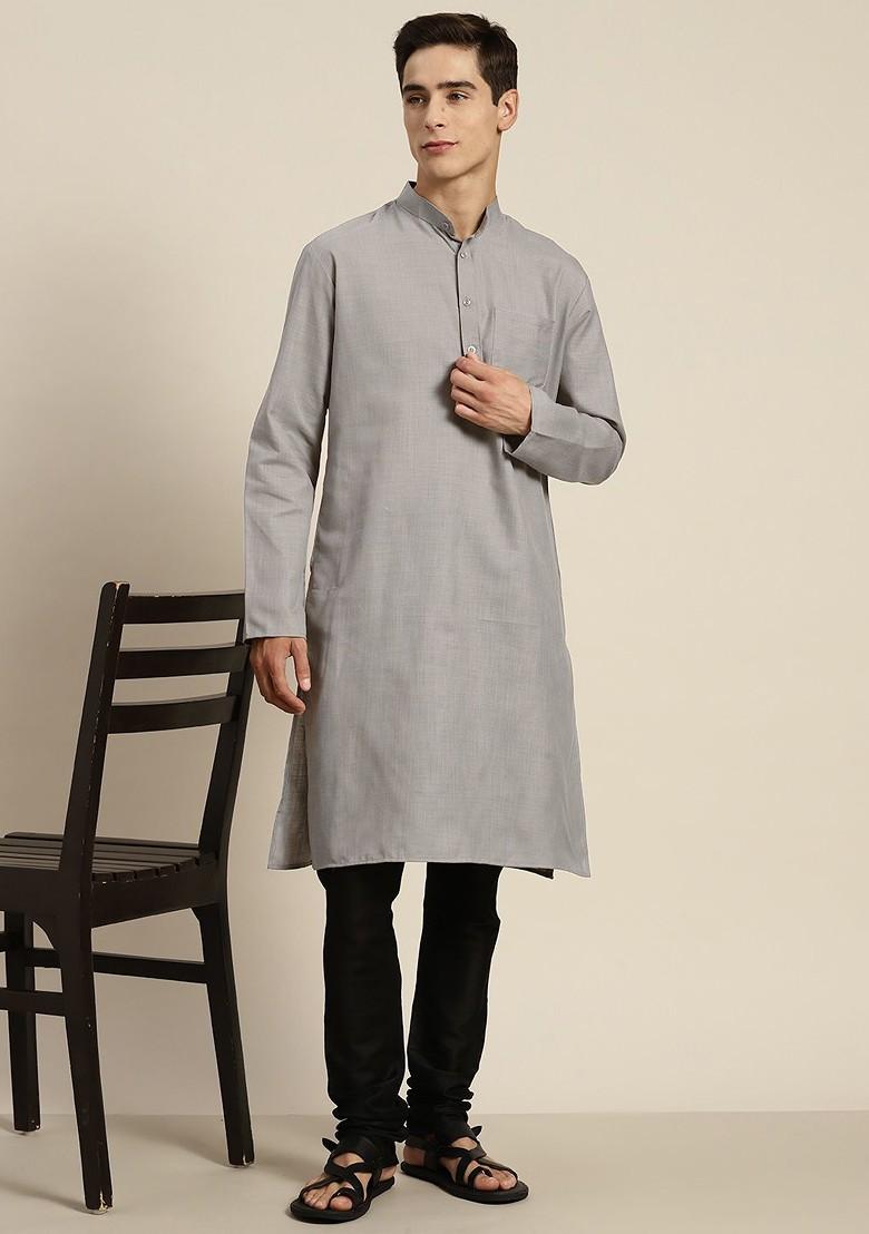 Grey Solid Cotton Kurta For Men