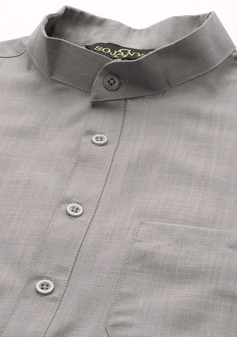 Grey Solid Cotton Kurta For Men