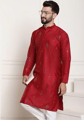 Maroon Ethnic Motifs Cotton Kurta For Men