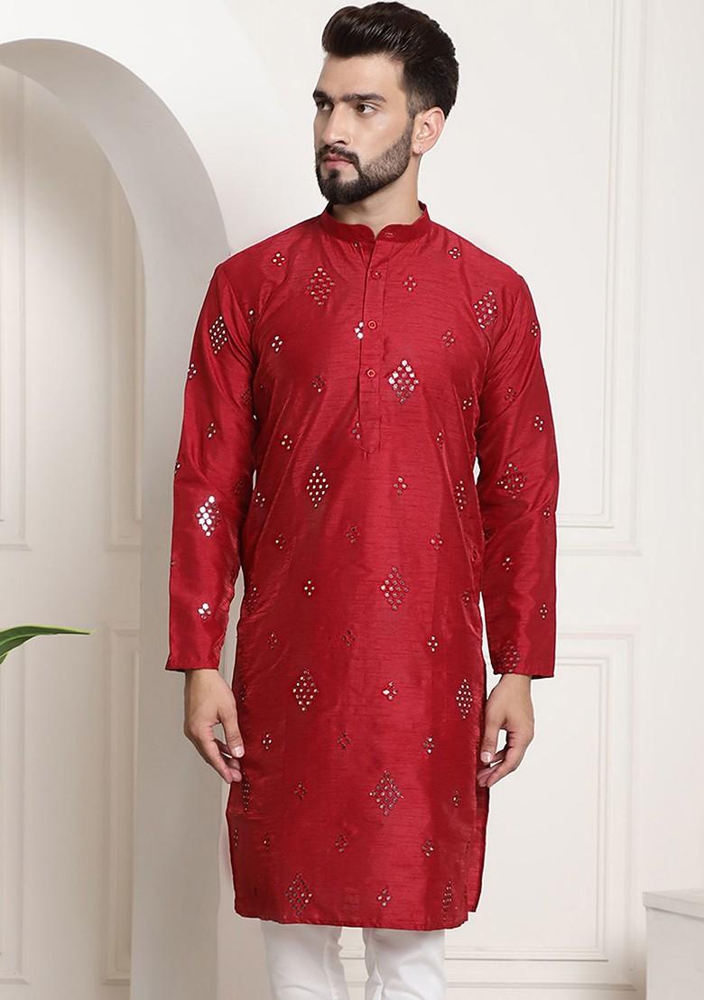 Maroon Ethnic Motifs Cotton Kurta For Men