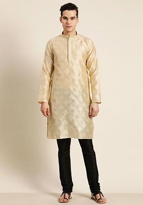 Cream Embellished Poly Blend Kurta For Men