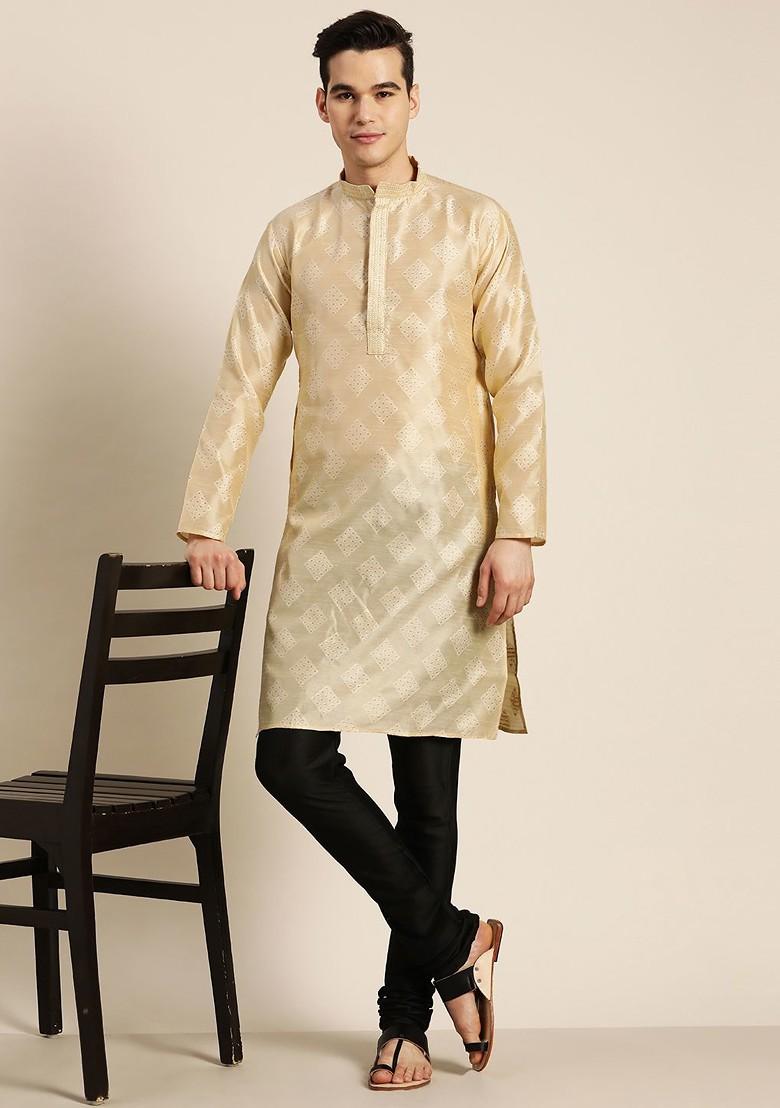 Cream Embellished Poly Blend Kurta For Men