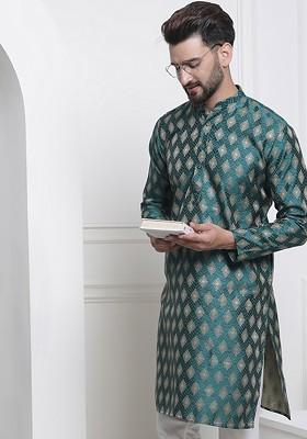 Green Ethnic Motifs Poly Blend Kurta For Men