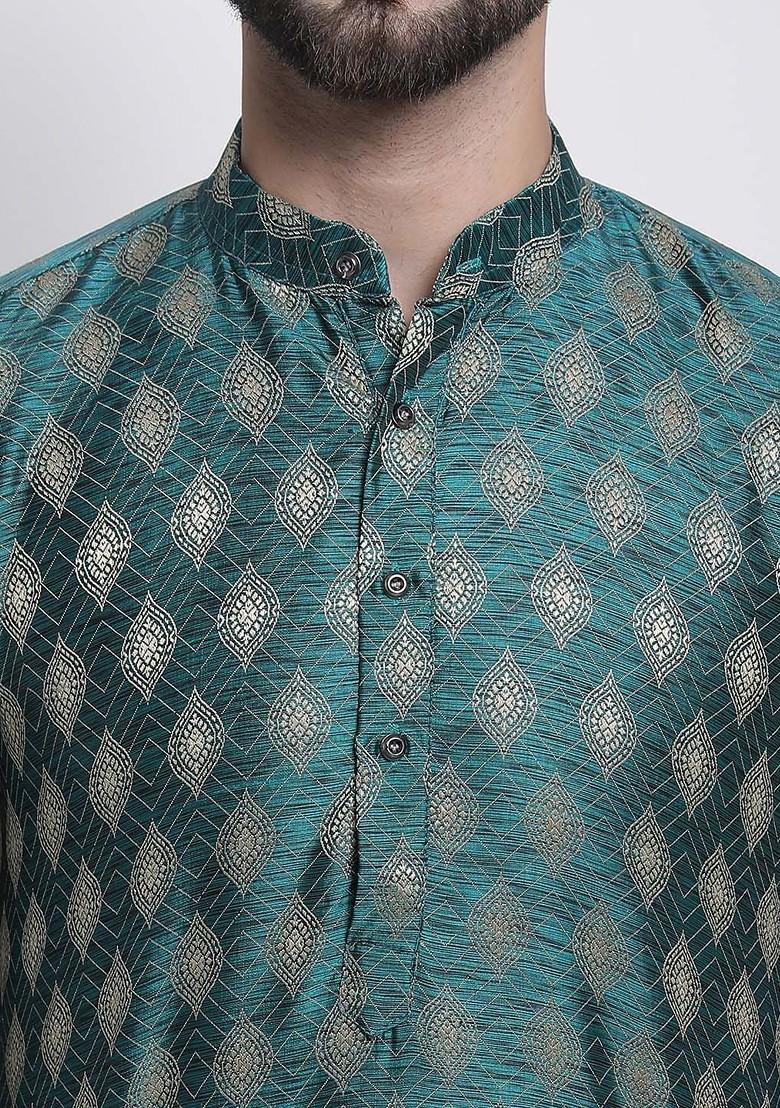 Green Ethnic Motifs Poly Blend Kurta For Men