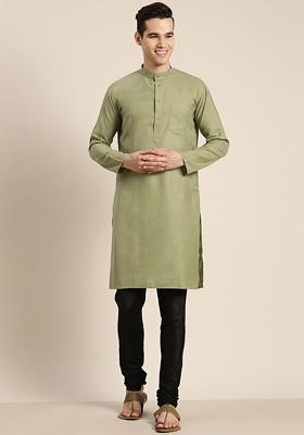 Green Solid Cotton Kurta For Men