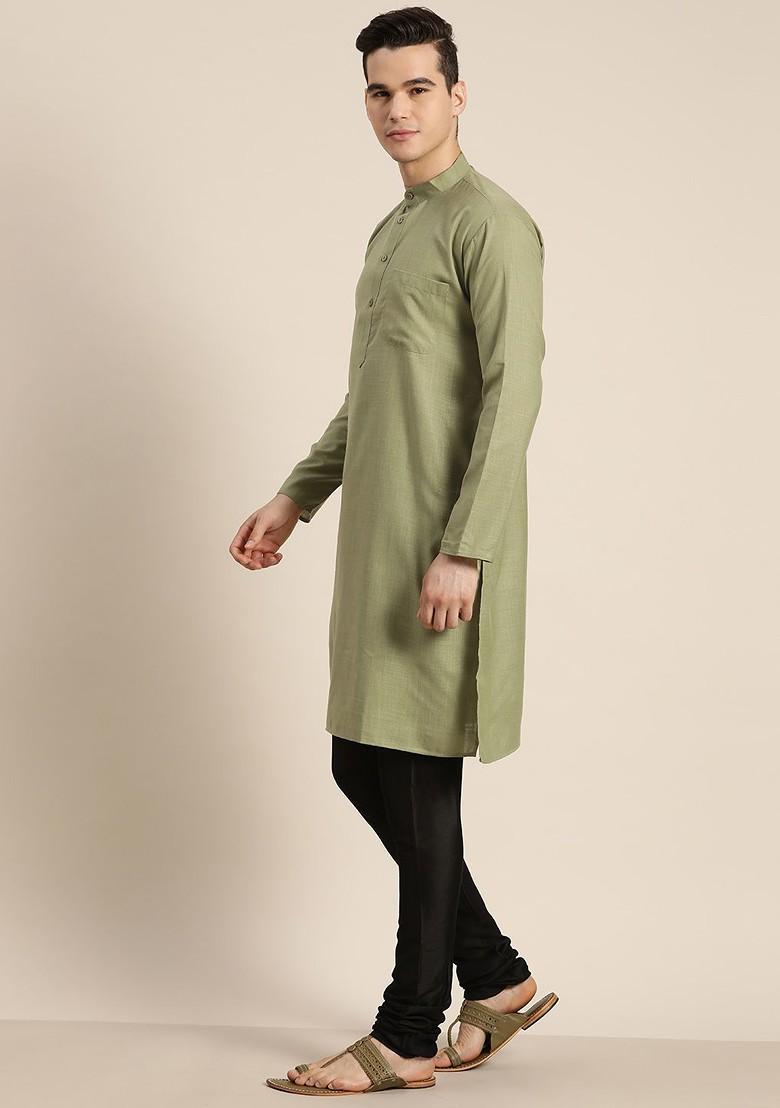 Green Solid Cotton Kurta For Men