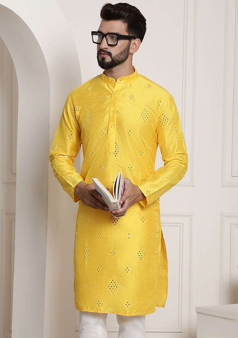 Yellow Mirror Work Poly Blend Kurta For Men - Indya