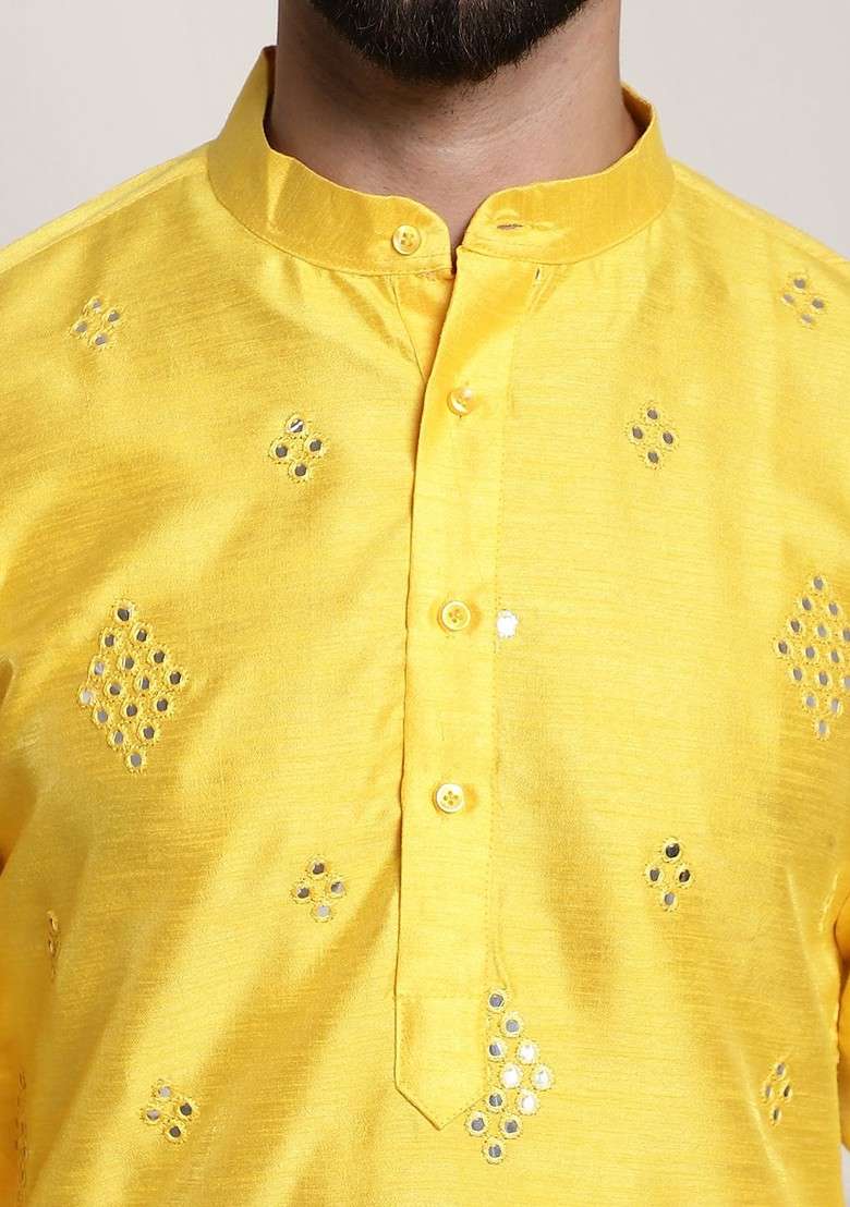 Yellow Mirror Work Poly Blend Kurta For Men - Indya