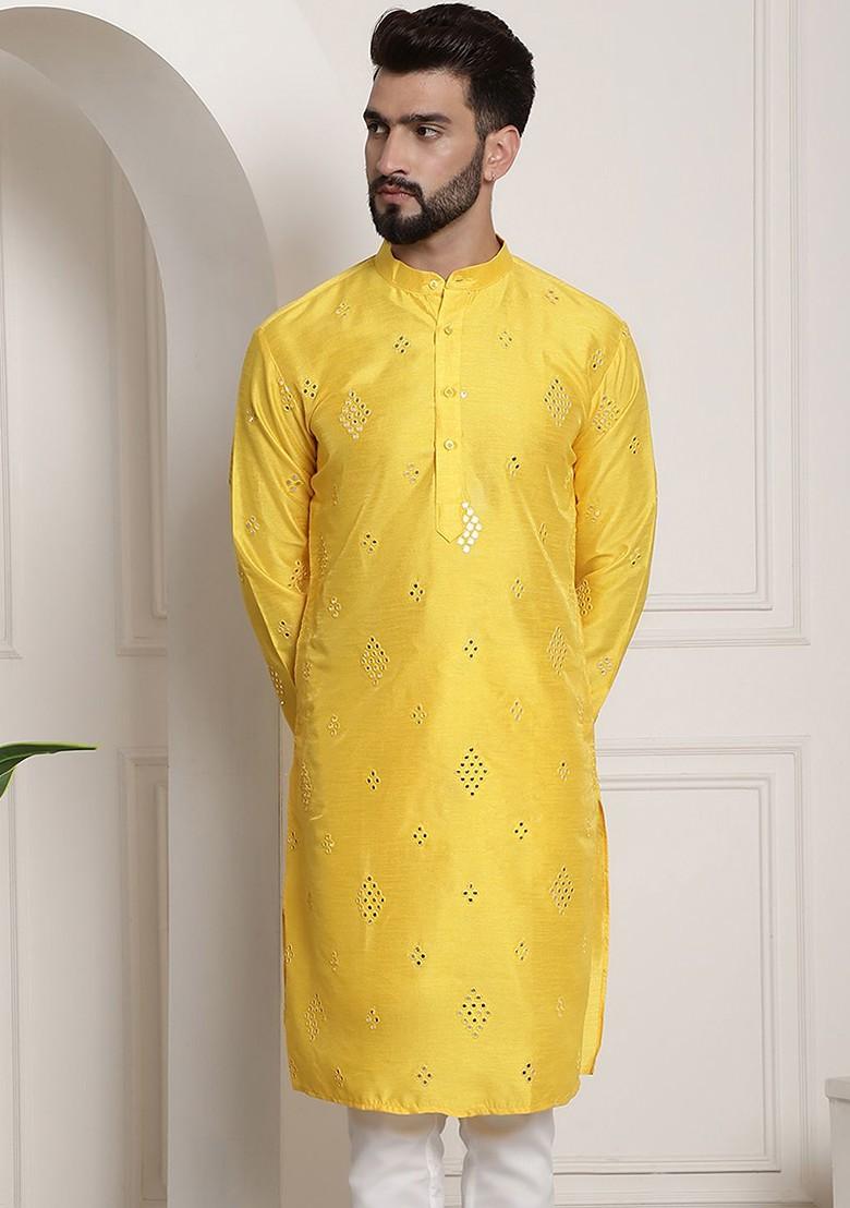 Yellow Mirror Work Poly Blend Kurta For Men
