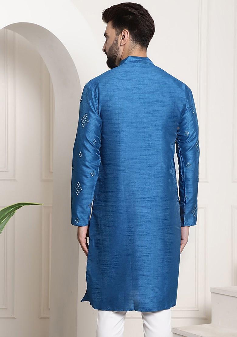 Blue Ethnic Motifs Cotton Kurta For Men