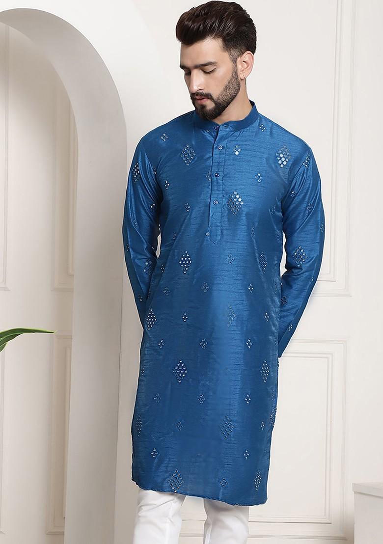 Blue Ethnic Motifs Cotton Kurta For Men