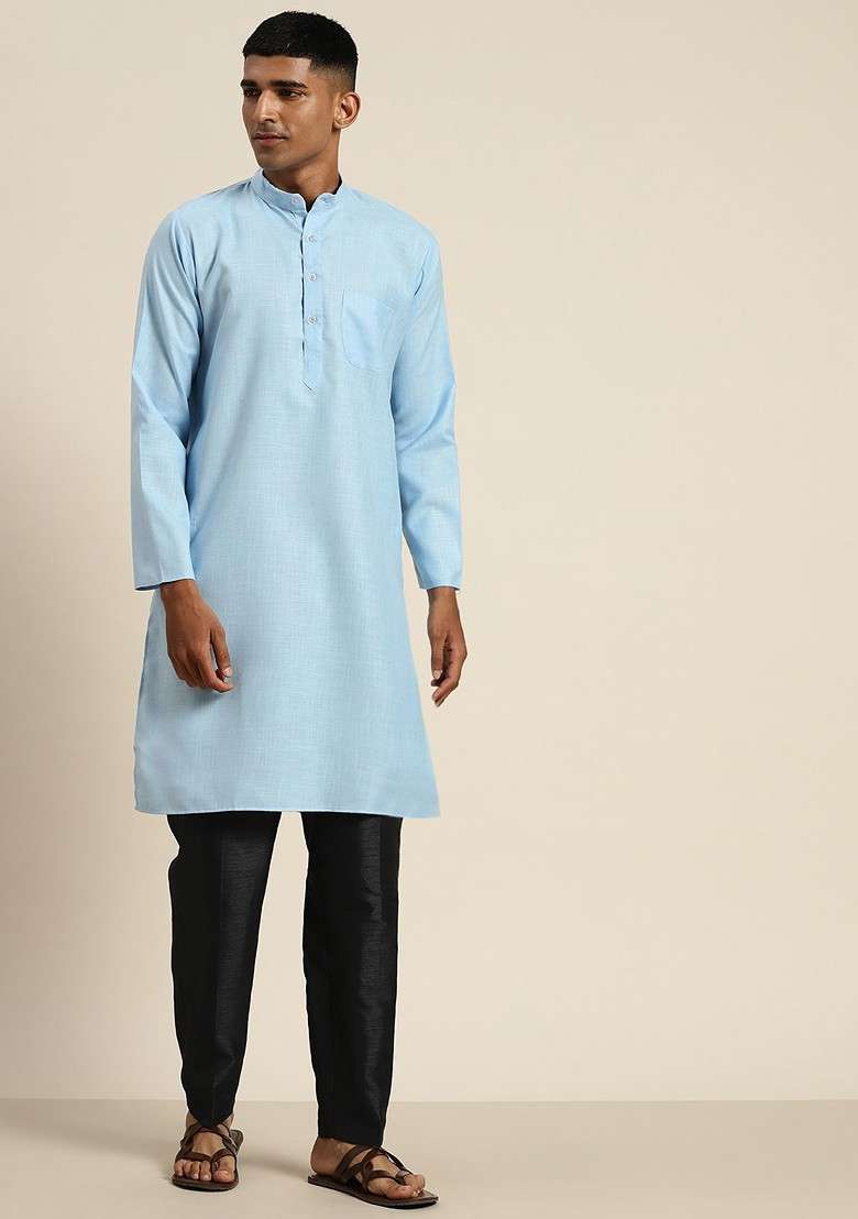Blue Solid Cotton Kurta For Men - Indya