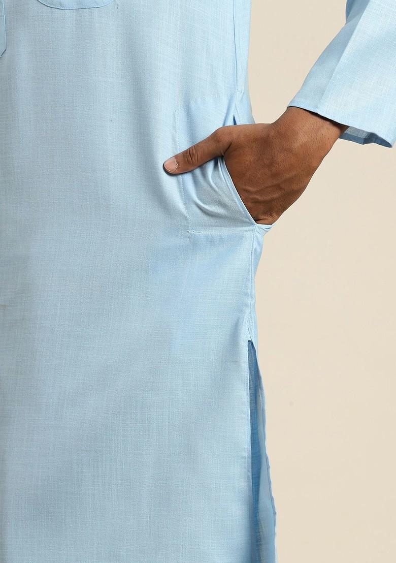 Blue Solid Cotton Kurta For Men