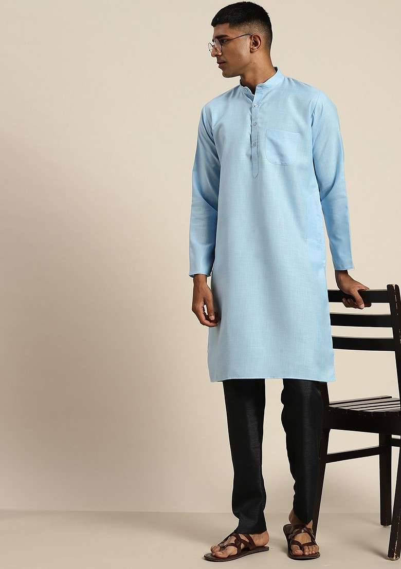 Blue Solid Cotton Kurta For Men - Indya