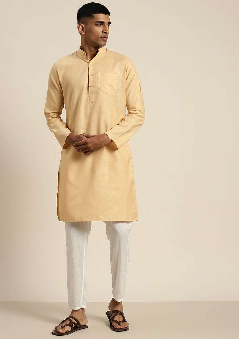 Beige Solid Poly Blend Kurta For Men - Indya