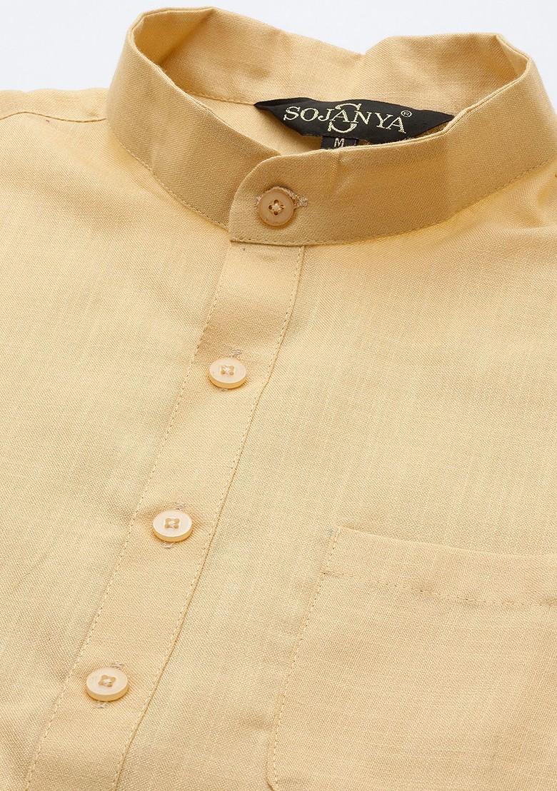 Beige Solid Poly Blend Kurta For Men