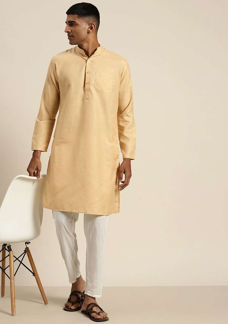Beige Solid Poly Blend Kurta For Men - Indya